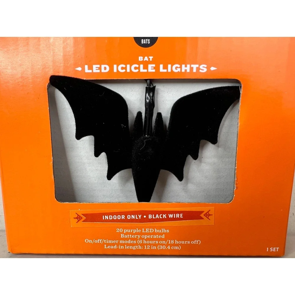 NEW 2026 Hyde & Eek Boutique Purple LED 8 Bat Icicle String Lights Black Wire